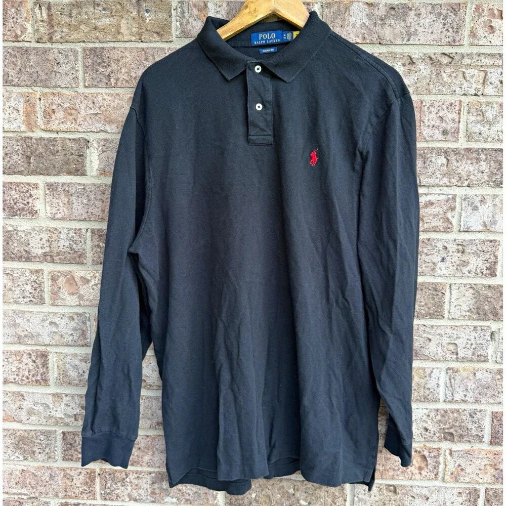 Polo Ralph Lauren Classic Fit Black Long Sleeve Polo Shirt Mens XL Red Pony Logo